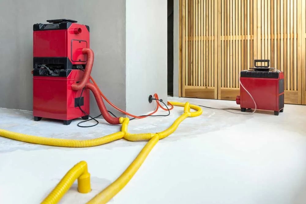 Red dehumidifiers and yellow tubes extracting water