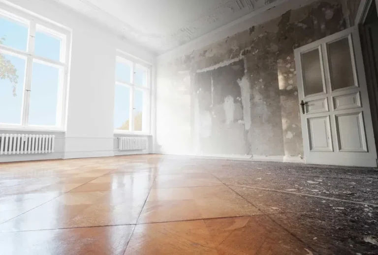 Before and after of a room in a house damaged by fire and smoke