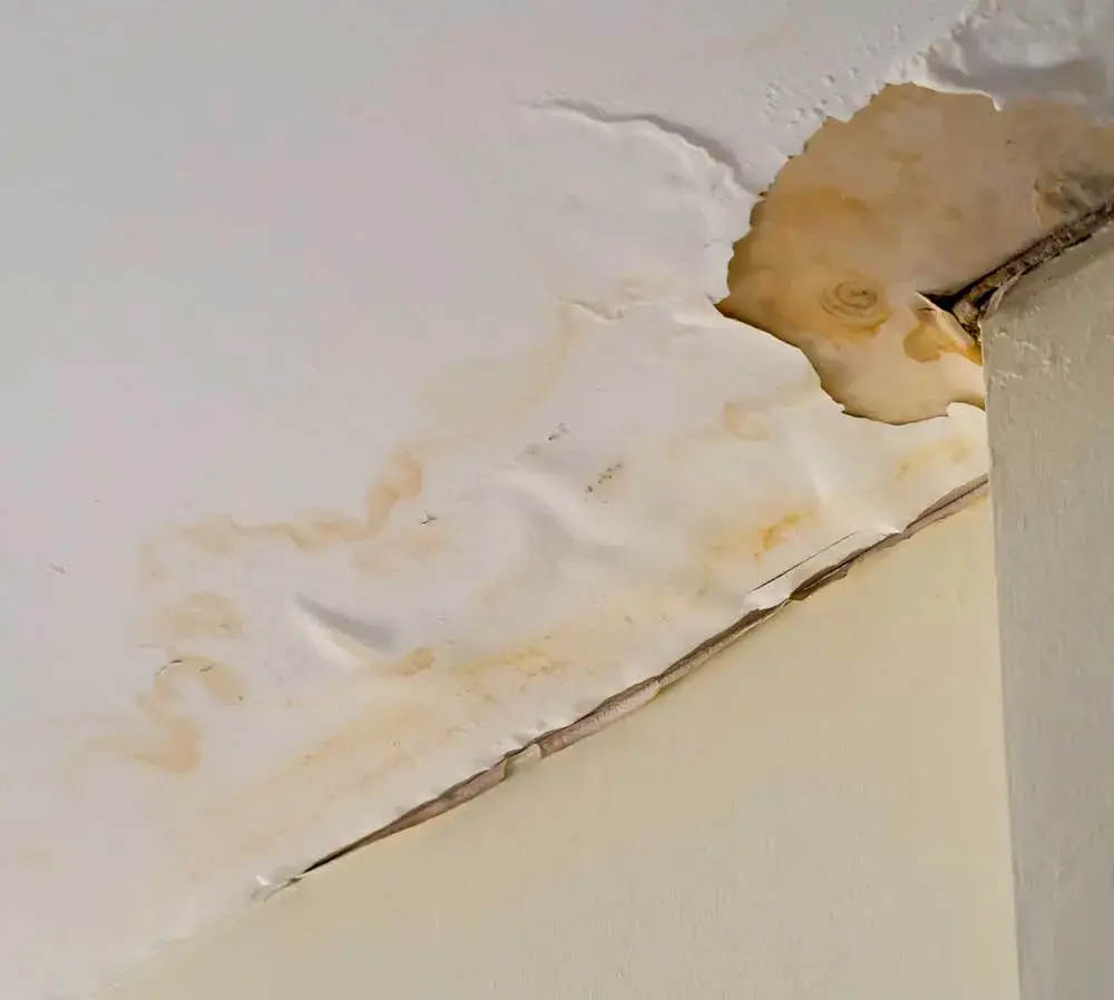 Water damage in a living room ceiling with paint peeling and drywall cracking