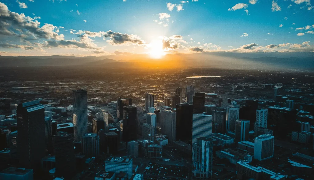 Aerial photo of Denver at sunset